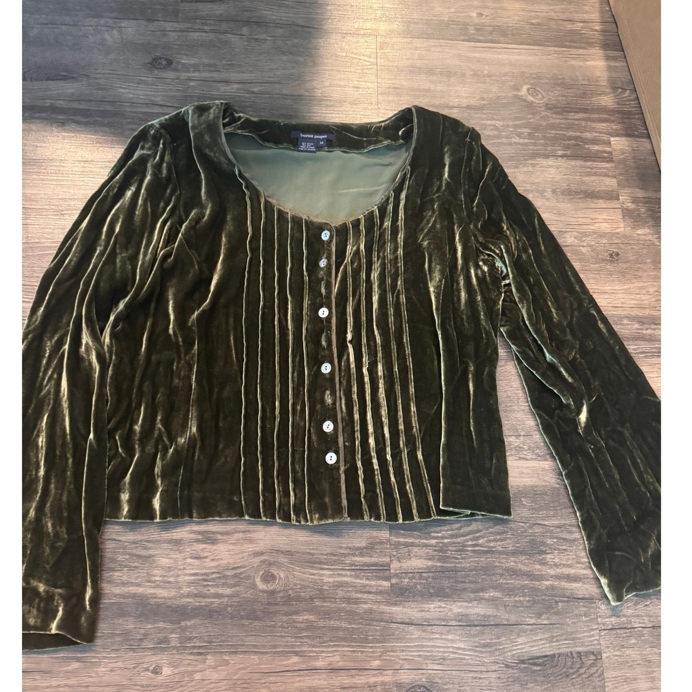 Boston Proper Olive Green Silk Blend Velvet Pintuck Button Front Top 14